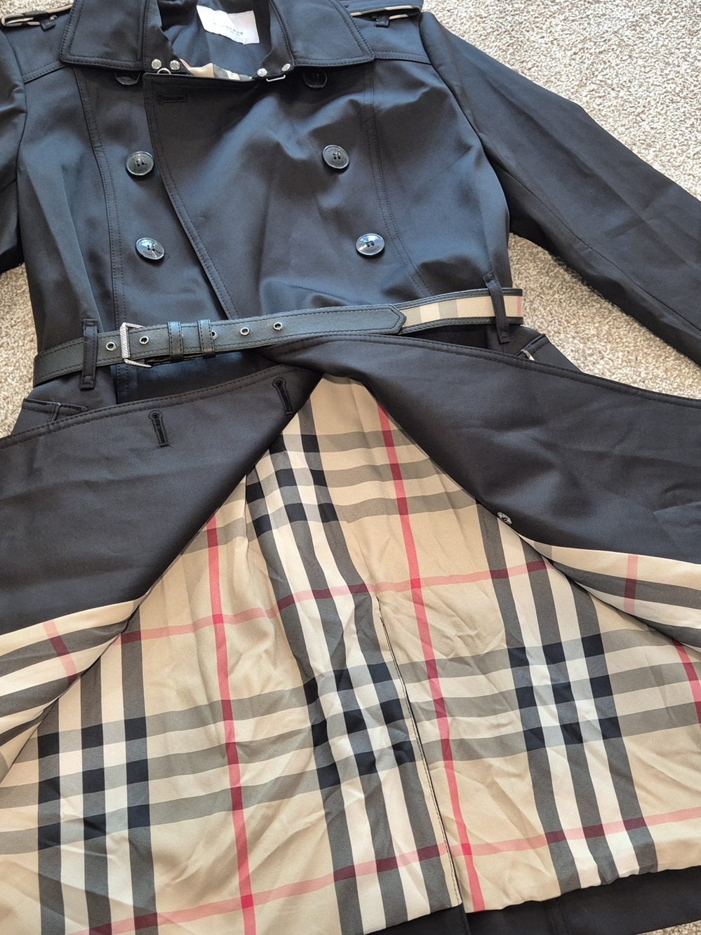 Burberry Women’s Black Double-Breasted Trench with Signature Check Trim - Picture 6 of 7